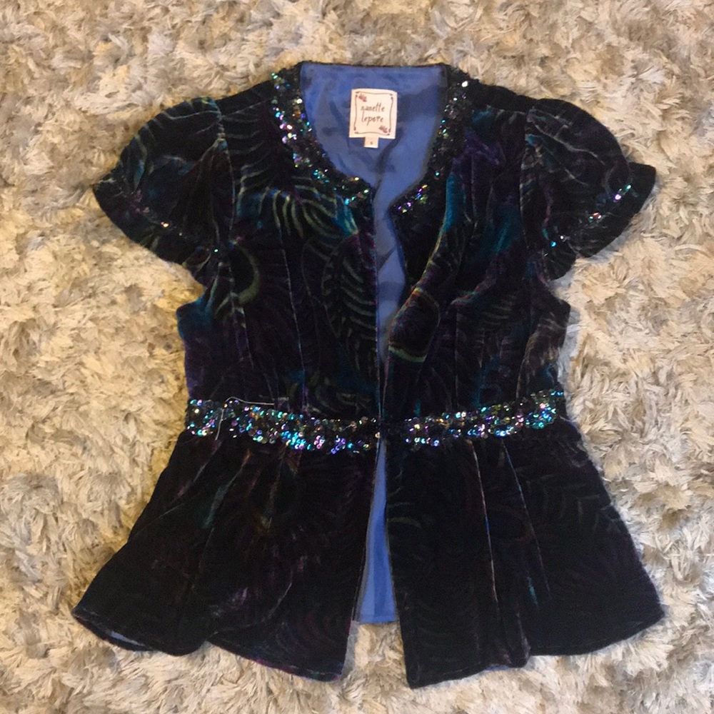Nanette Lepore Peacock Print  Velvet Jacket sz 6